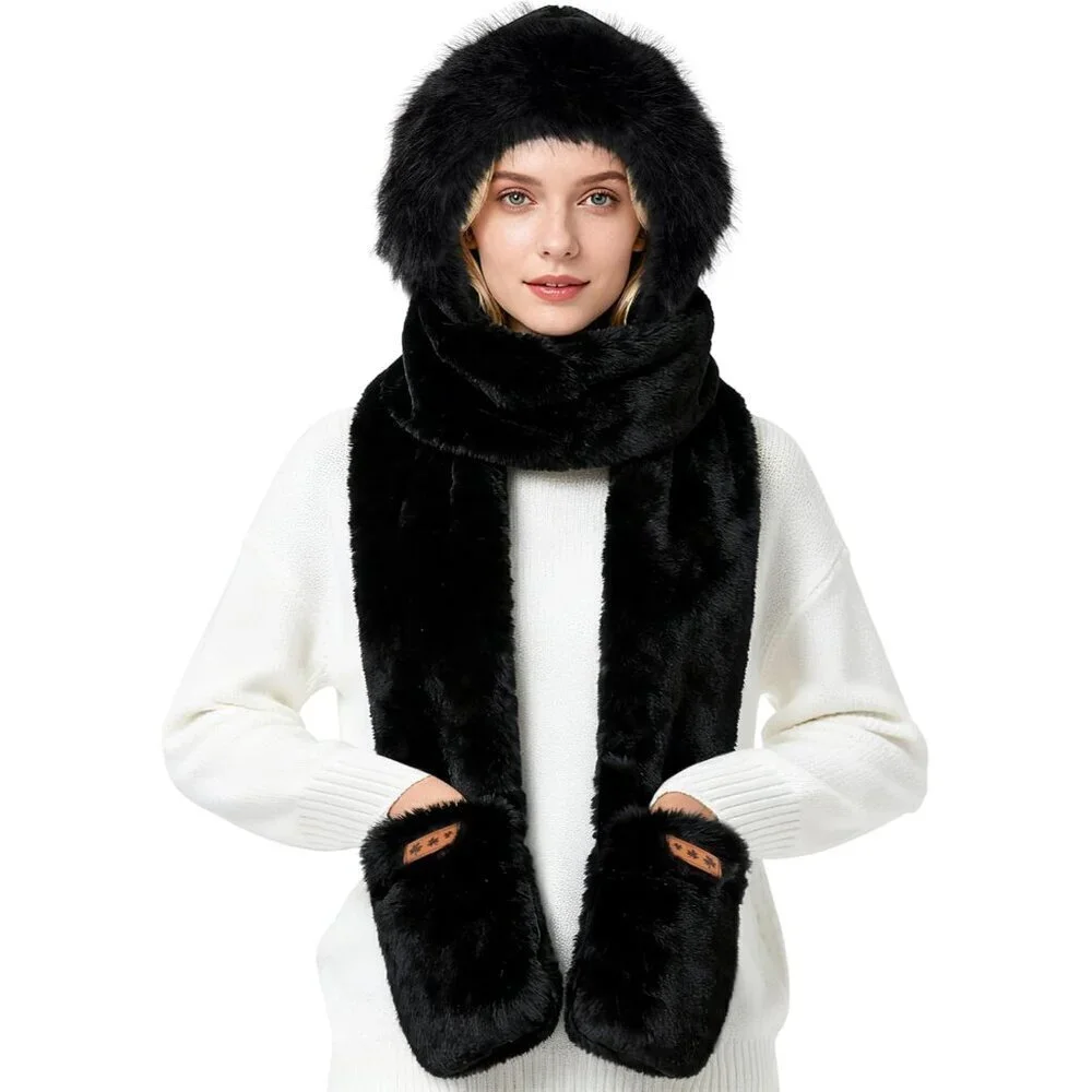 Women Hooded Scarf Gloves Set Faux Fur Warm Winter Accessory